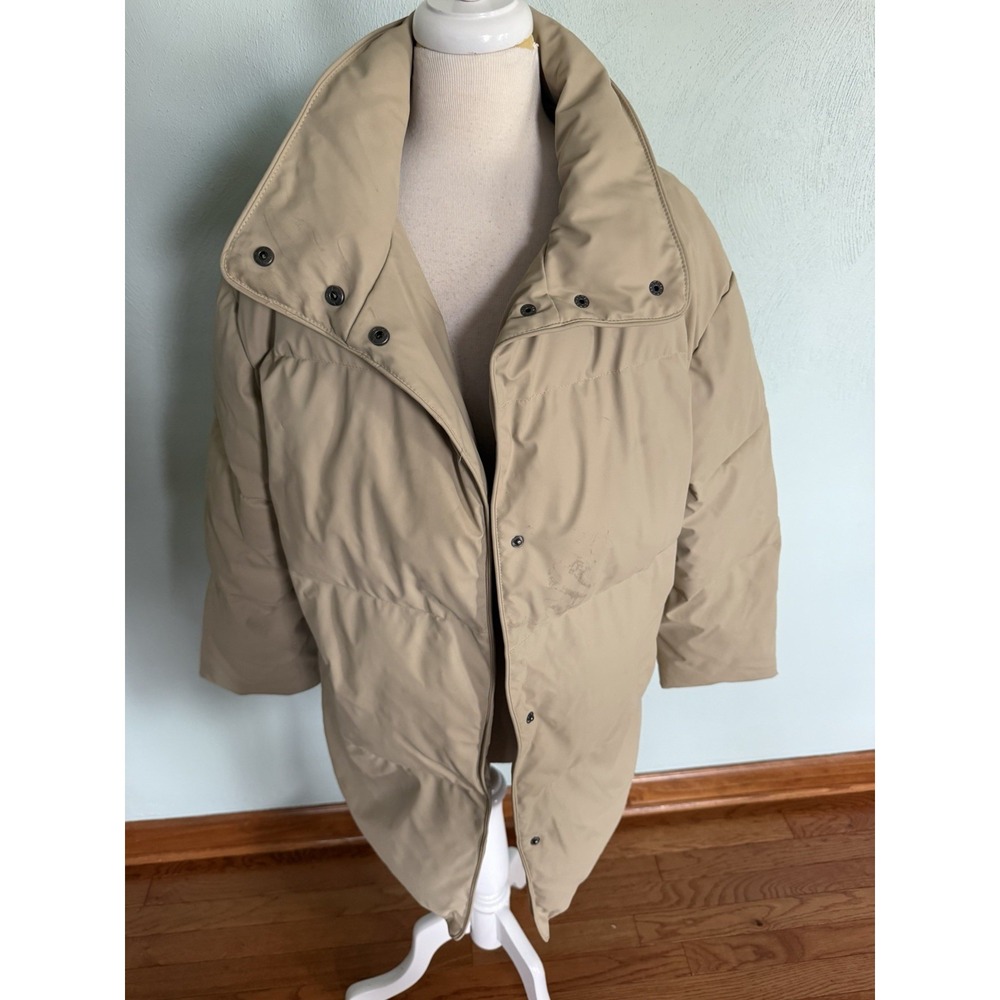 asos design oversized beige puffer jacket high funnel collar snap button Sz 4